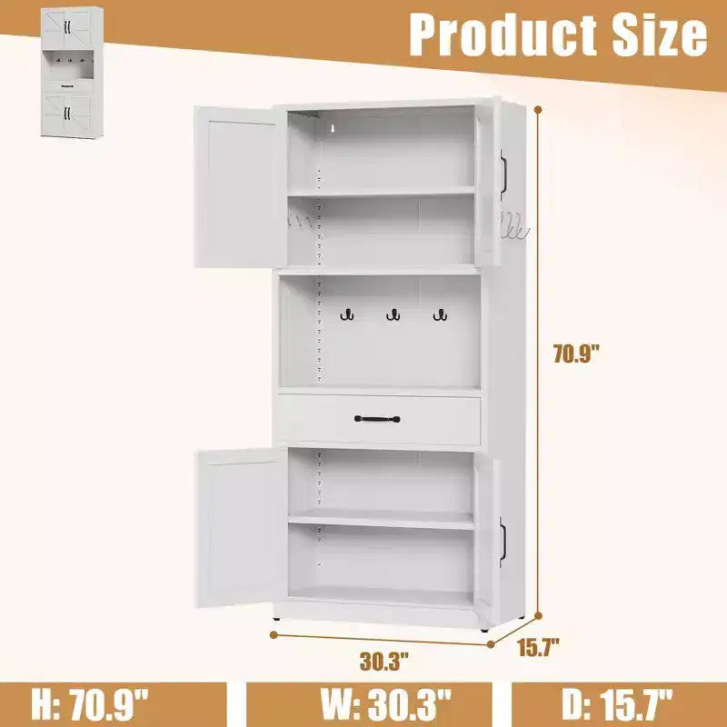VIYET 71H Armadio Dispensa Robusto in Acciaio Bianco, Ampio Top+Ripiani Regolabili+Cassetti+Ganci, Contenitore Moderno per Cucina/Bagno/Soggiorno