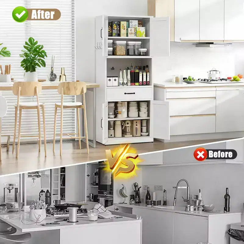 VIYET 71H Armadio Dispensa Robusto in Acciaio Bianco, Ampio Top+Ripiani Regolabili+Cassetti+Ganci, Contenitore Moderno per Cucina/Bagno/Soggiorno