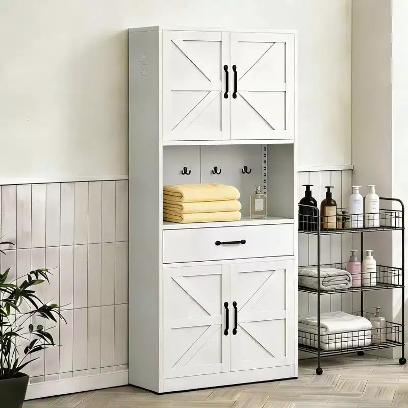 VIYET 71H Armadio Dispensa Robusto in Acciaio Bianco, Ampio Top+Ripiani Regolabili+Cassetti+Ganci, Contenitore Moderno per Cucina/Bagno/Soggiorno