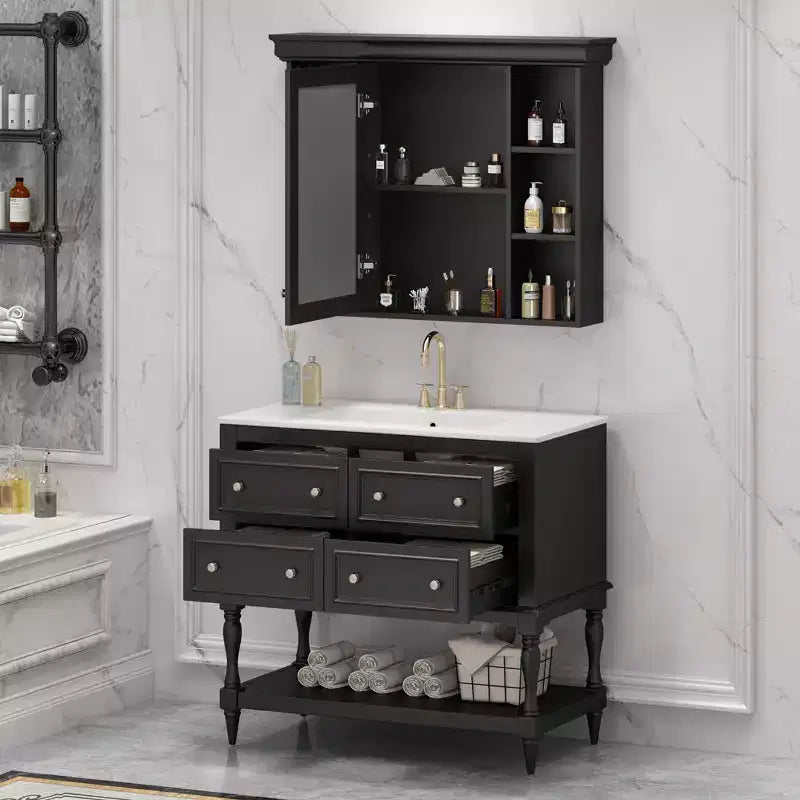 Mobile bagno con lavabo da 36 pollici, Specchio contenitore bagno con ripiano regolabile, Mobiletto contenitore bagno con cassetti