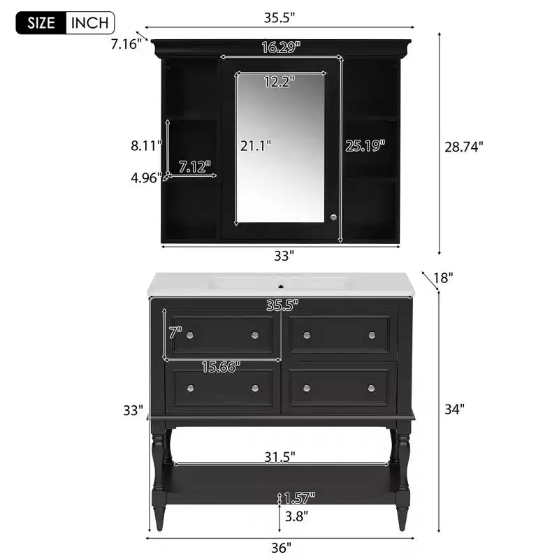 Mobile bagno con lavabo da 36 pollici, Specchio contenitore bagno con ripiano regolabile, Mobiletto contenitore bagno con cassetti
