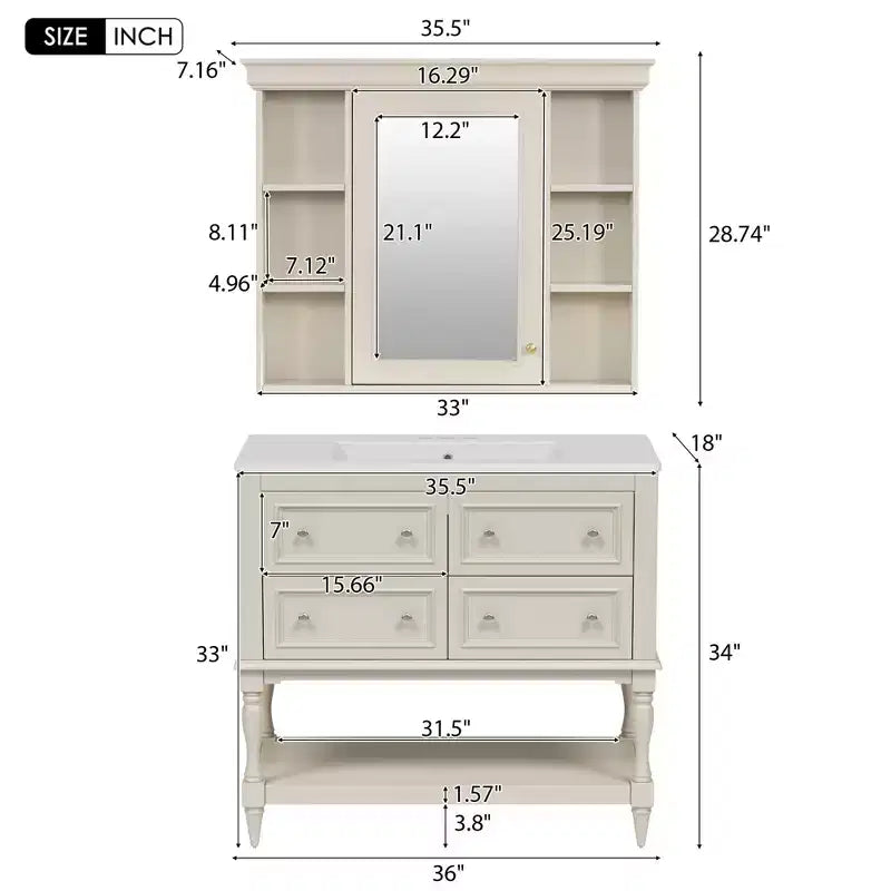 Mobile bagno con lavabo da 36 pollici, Specchio contenitore bagno con ripiano regolabile, Mobiletto contenitore bagno con cassetti