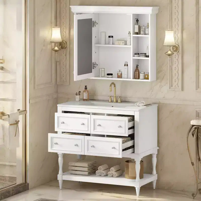 Mobile bagno con lavabo da 36 pollici, Specchio contenitore bagno con ripiano regolabile, Mobiletto contenitore bagno con cassetti