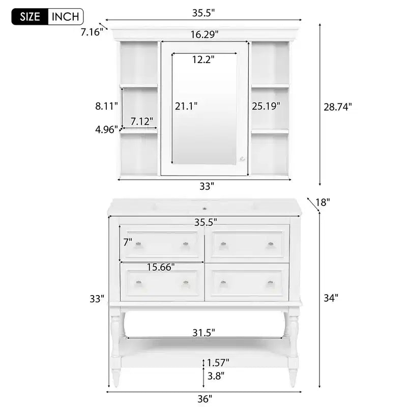 Mobile bagno con lavabo da 36 pollici, Specchio contenitore bagno con ripiano regolabile, Mobiletto contenitore bagno con cassetti
