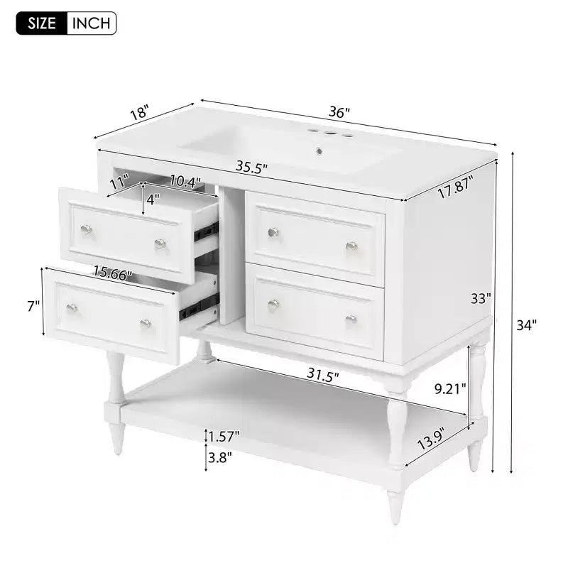 Mobile bagno con lavabo da 36 pollici, Specchio contenitore bagno con ripiano regolabile, Mobiletto contenitore bagno con cassetti