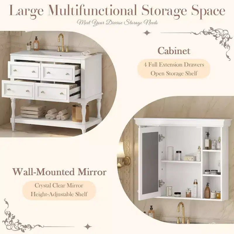 Mobile bagno con lavabo da 36 pollici, Specchio contenitore bagno con ripiano regolabile, Mobiletto contenitore bagno con cassetti