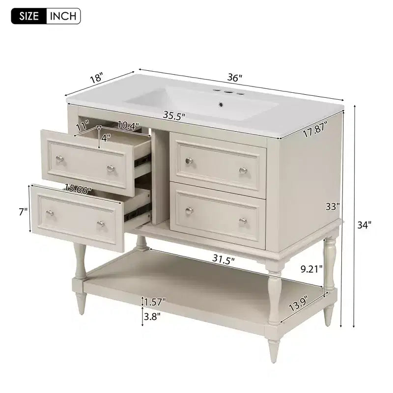 Mobile bagno con lavabo da 36 pollici, Specchio contenitore bagno con ripiano regolabile, Mobiletto contenitore bagno con cassetti