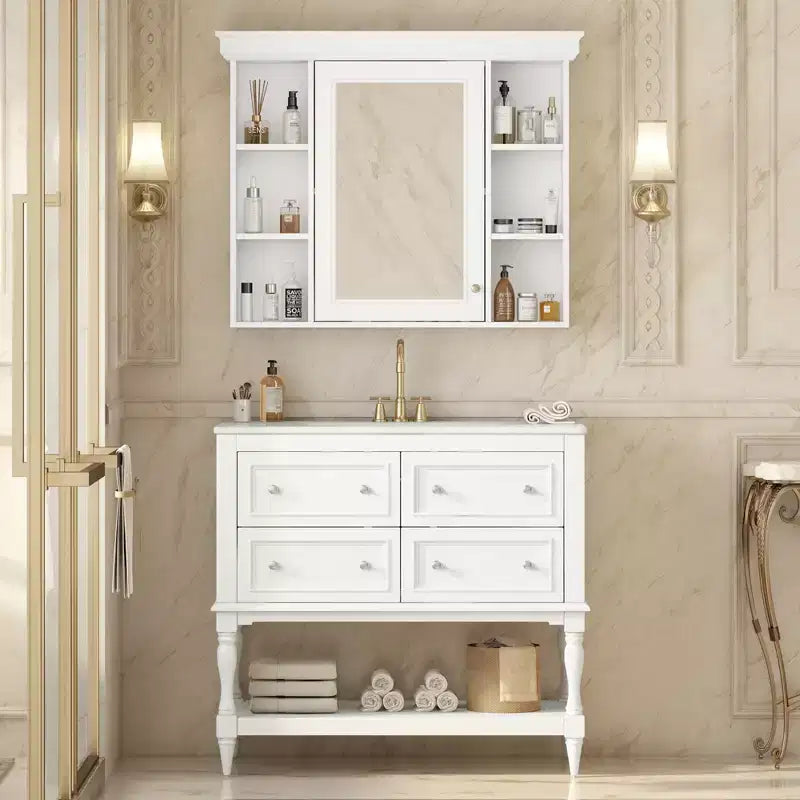 Mobile bagno con lavabo da 36 pollici, Specchio contenitore bagno con ripiano regolabile, Mobiletto contenitore bagno con cassetti