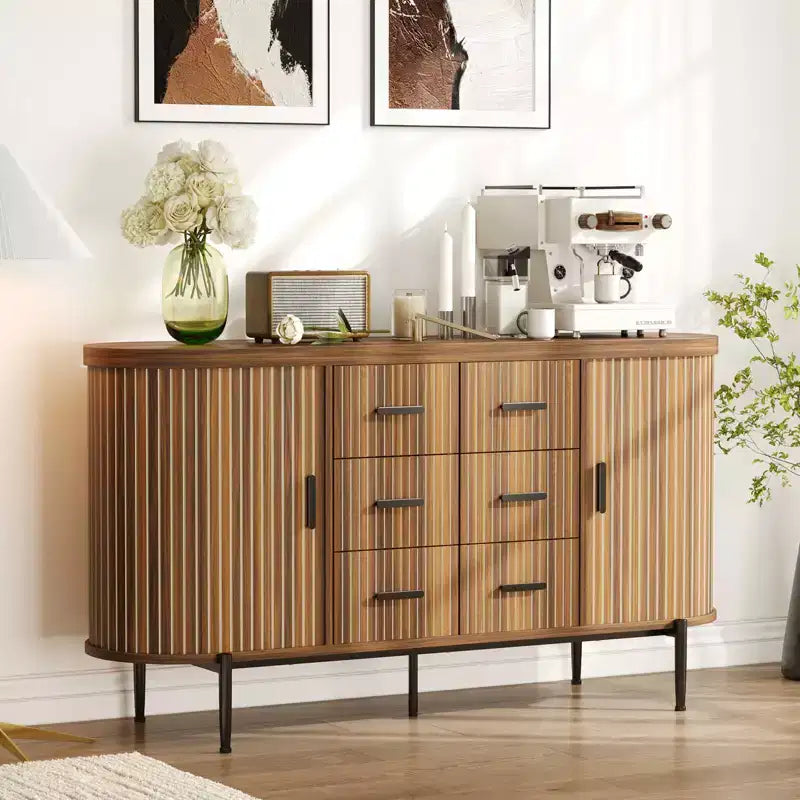 Madia Credenza a Buffet da 150 cm, Mobile Contenitore Stile Fattoria con Ante Scorrevoli e 6 Cassetti, Tavolo Consolle TV Media per Soggiorno