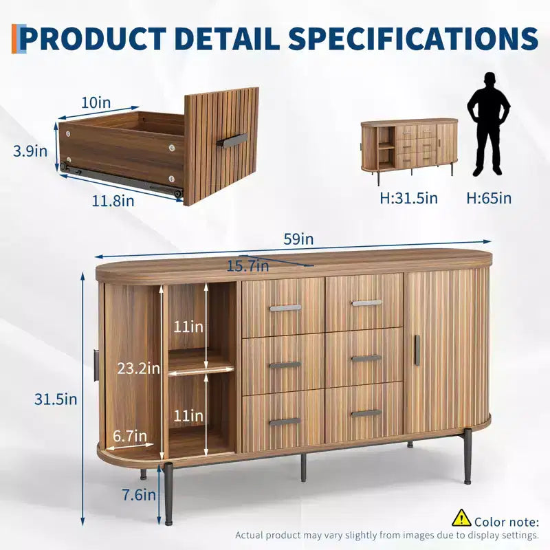 Madia Credenza a Buffet da 150 cm, Mobile Contenitore Stile Fattoria con Ante Scorrevoli e 6 Cassetti, Tavolo Consolle TV Media per Soggiorno