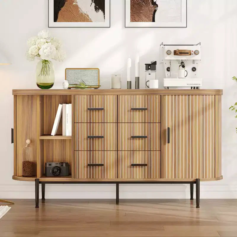 Madia Credenza a Buffet da 150 cm, Mobile Contenitore Stile Fattoria con Ante Scorrevoli e 6 Cassetti, Tavolo Consolle TV Media per Soggiorno