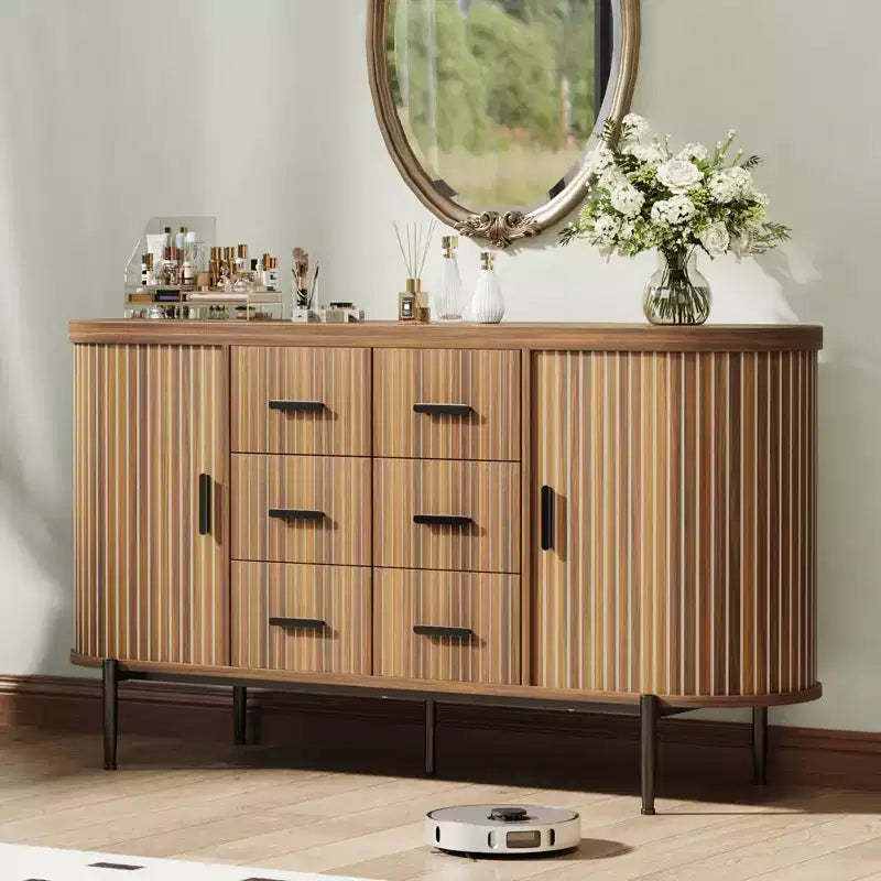 Madia Credenza a Buffet da 150 cm, Mobile Contenitore Stile Fattoria con Ante Scorrevoli e 6 Cassetti, Tavolo Consolle TV Media per Soggiorno