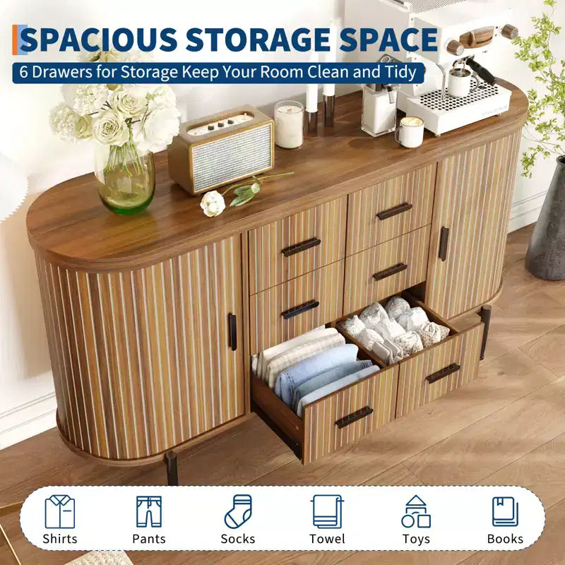 Madia Credenza a Buffet da 150 cm, Mobile Contenitore Stile Fattoria con Ante Scorrevoli e 6 Cassetti, Tavolo Consolle TV Media per Soggiorno