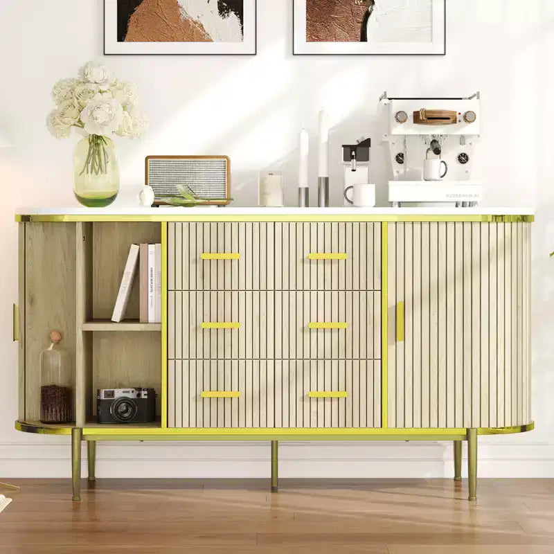 Madia Credenza a Buffet da 150 cm, Mobile Contenitore Stile Fattoria con Ante Scorrevoli e 6 Cassetti, Tavolo Consolle TV Media per Soggiorno