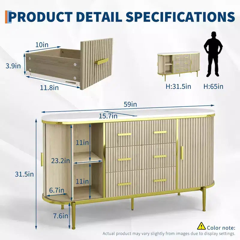 Madia Credenza a Buffet da 150 cm, Mobile Contenitore Stile Fattoria con Ante Scorrevoli e 6 Cassetti, Tavolo Consolle TV Media per Soggiorno