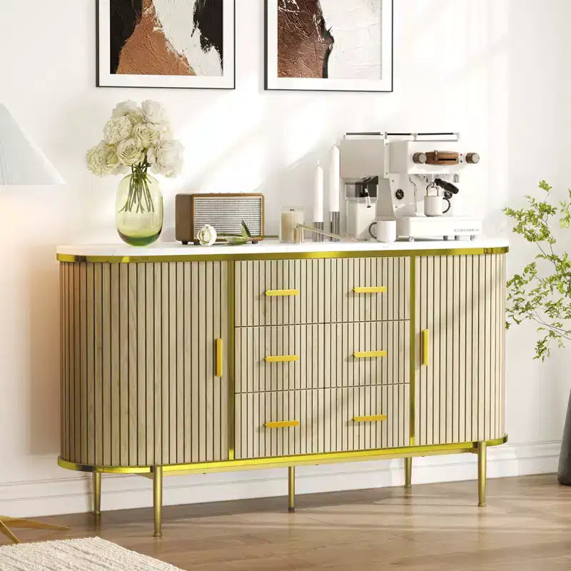 Madia Credenza a Buffet da 150 cm, Mobile Contenitore Stile Fattoria con Ante Scorrevoli e 6 Cassetti, Tavolo Consolle TV Media per Soggiorno