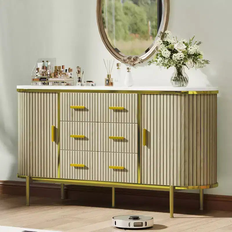 Madia Credenza a Buffet da 150 cm, Mobile Contenitore Stile Fattoria con Ante Scorrevoli e 6 Cassetti, Tavolo Consolle TV Media per Soggiorno