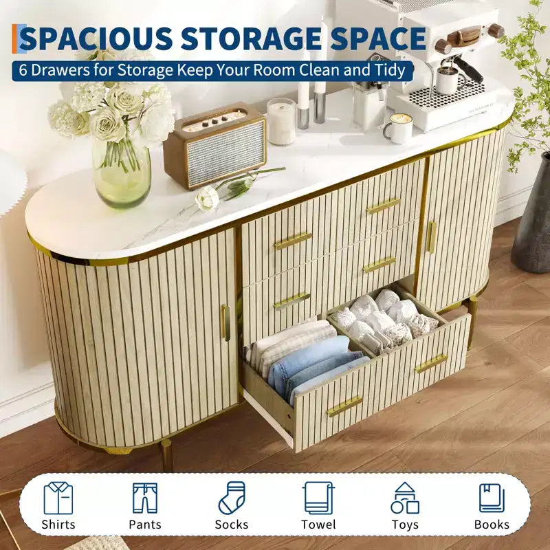 Madia Credenza a Buffet da 150 cm, Mobile Contenitore Stile Fattoria con Ante Scorrevoli e 6 Cassetti, Tavolo Consolle TV Media per Soggiorno