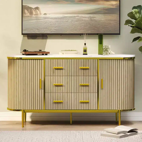 59in Sideboard Buffet Cabinet, Farmhouse Fluted Credenza Storage Cabinet Media TV Console Table with 6 Drawers 2 Sliding Doors for Living Room