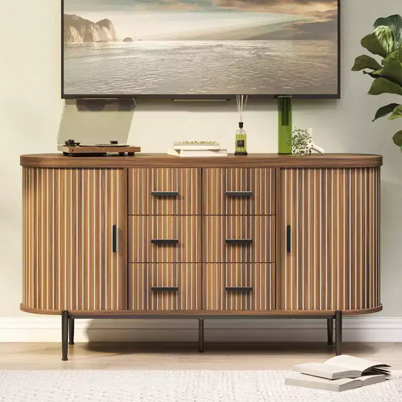 Madia Credenza a Buffet da 150 cm, Mobile Contenitore Stile Fattoria con Ante Scorrevoli e 6 Cassetti, Tavolo Consolle TV Media per Soggiorno