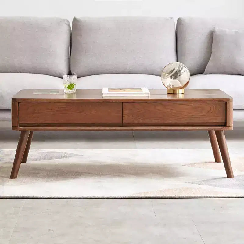 Tavolino Rettangolare con Piano Sollevabile, Scomparto Nascosto e Cassetti, Tavolo Centrale in Rovere con Montaggio Semplice per Soggiorno e Reception