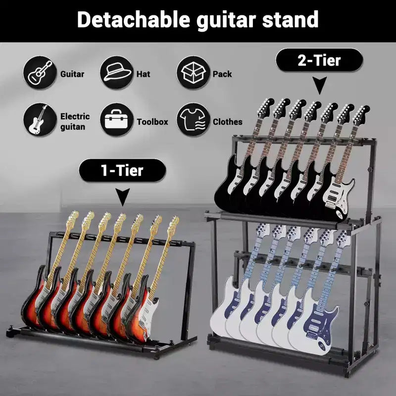 Supporto Regolabile in Altezza a Doppio Strato per Ukulele, Chitarra, Violino, Leggio in Ferro a 14 Posizioni per Esposizione Interna ed Esterna, Nero