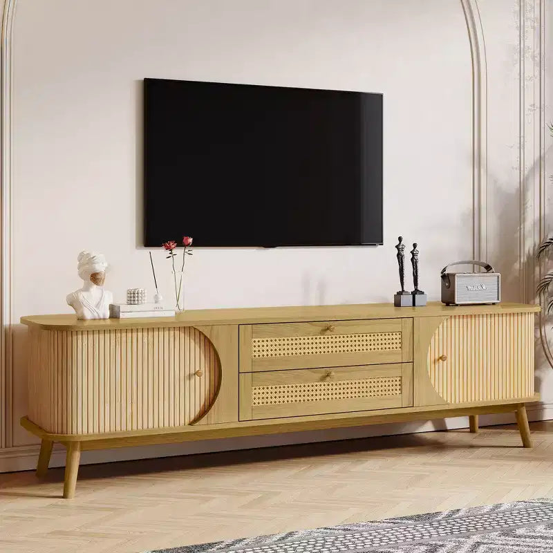 JVNOXKRattan Mobile TV per TV fino a 75'', Consolle multimediale moderna in stile rustico, Centro di intrattenimento con gambe in legno massello, Mobile TV per soggiorno