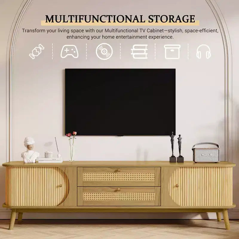 JVNOXKRattan Mobile TV per TV fino a 75'', Consolle multimediale moderna in stile rustico, Centro di intrattenimento con gambe in legno massello, Mobile TV per soggiorno