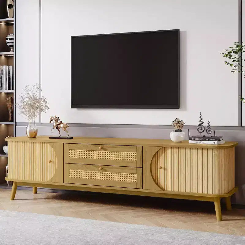 JVNOXKRattan Mobile TV per TV fino a 75'', Consolle multimediale moderna in stile rustico, Centro di intrattenimento con gambe in legno massello, Mobile TV per soggiorno