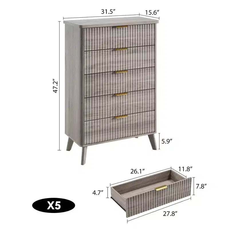 Cassettiera scanalata per camera da letto con 5 cassetti profondi, cassettiera alta 120 cm, design con profilo curvo, cassettiera moderna in legno