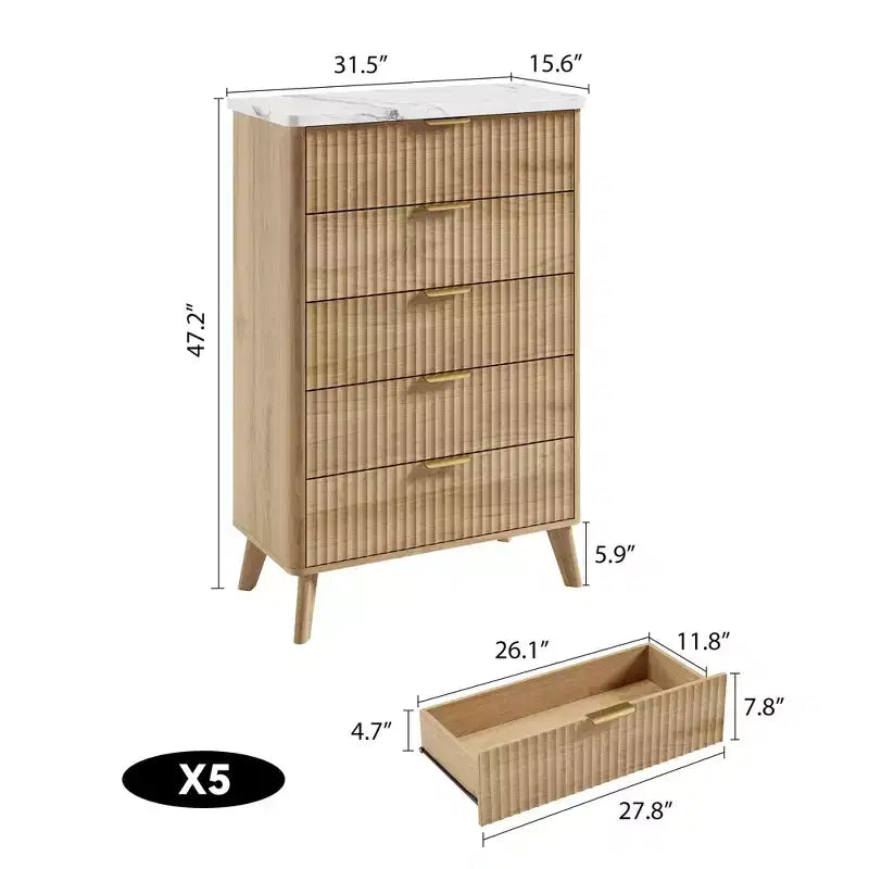 Cassettiera scanalata per camera da letto con 5 cassetti profondi, cassettiera alta 120 cm, design con profilo curvo, cassettiera moderna in legno