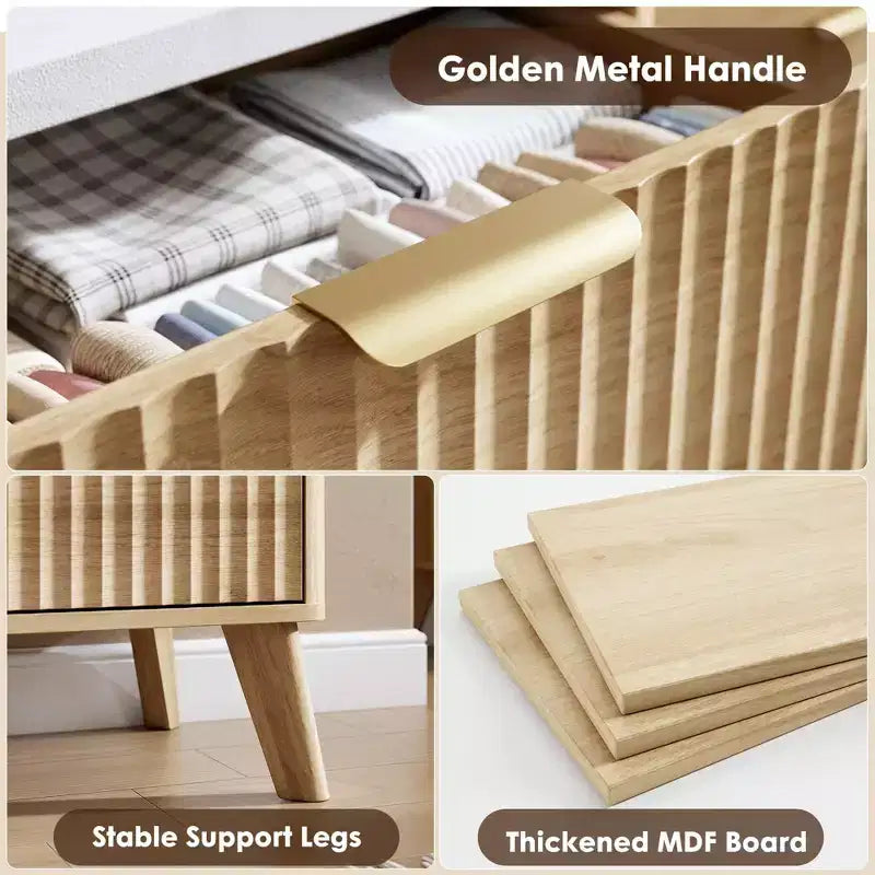 Cassettiera scanalata per camera da letto con 5 cassetti profondi, cassettiera alta 120 cm, design con profilo curvo, cassettiera moderna in legno