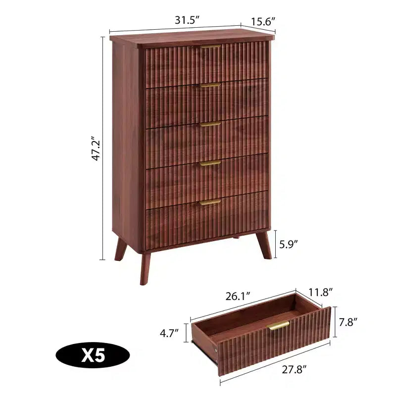 Cassettiera scanalata per camera da letto con 5 cassetti profondi, cassettiera alta 120 cm, design con profilo curvo, cassettiera moderna in legno