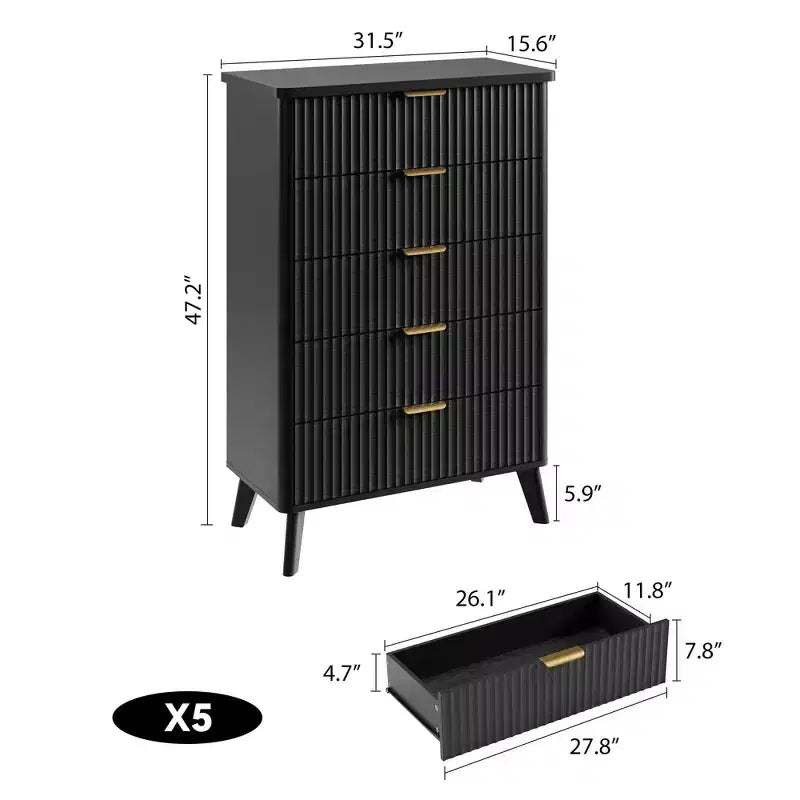 Cassettiera scanalata per camera da letto con 5 cassetti profondi, cassettiera alta 120 cm, design con profilo curvo, cassettiera moderna in legno