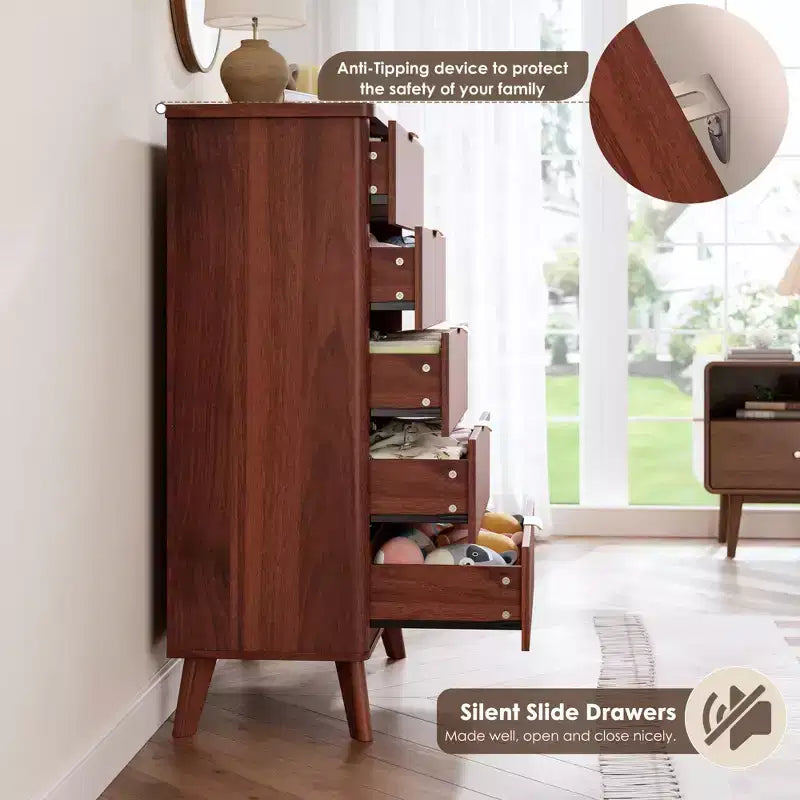 Cassettiera scanalata per camera da letto con 5 cassetti profondi, cassettiera alta 120 cm, design con profilo curvo, cassettiera moderna in legno