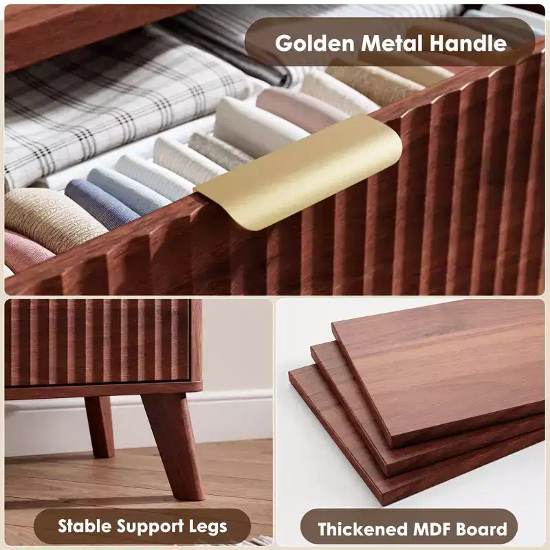 Cassettiera scanalata per camera da letto con 5 cassetti profondi, cassettiera alta 120 cm, design con profilo curvo, cassettiera moderna in legno
