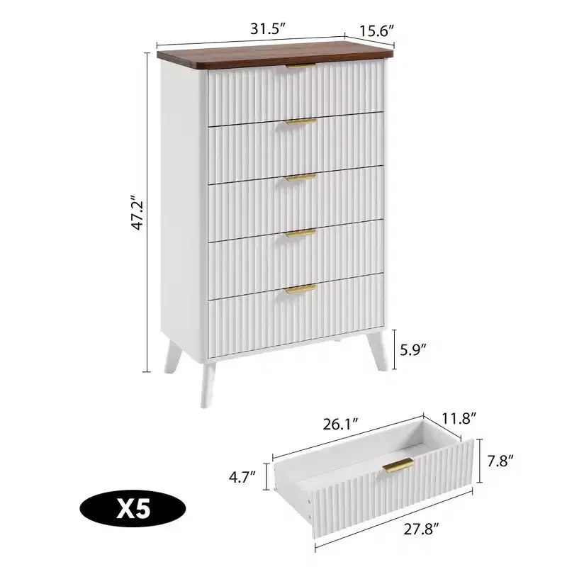 Cassettiera scanalata per camera da letto con 5 cassetti profondi, cassettiera alta 120 cm, design con profilo curvo, cassettiera moderna in legno