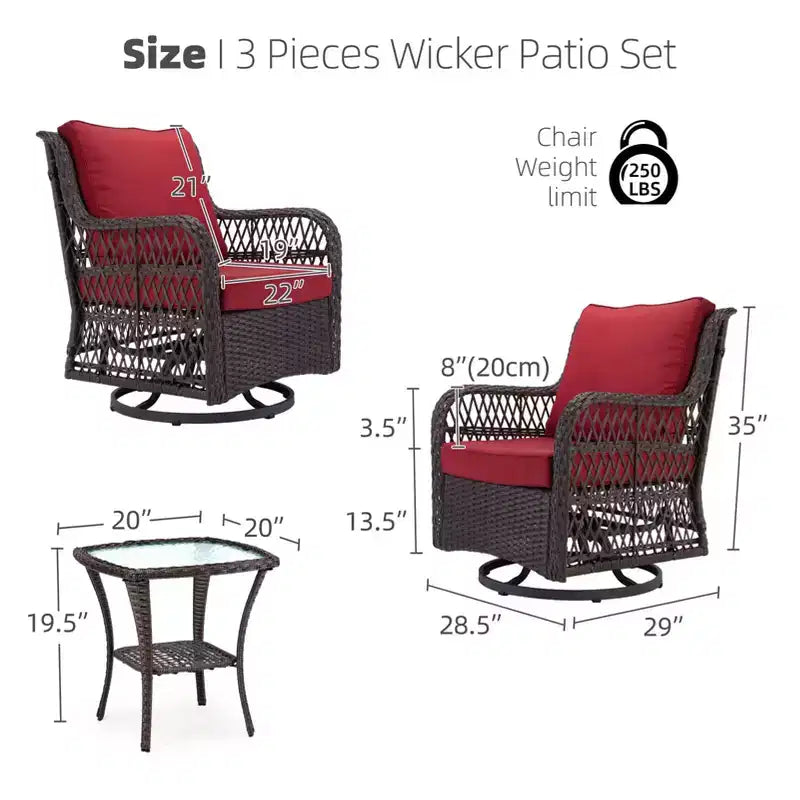 Set da bistro elegante da 3 pezzi, sedie da esterno girevoli a dondolo in vimini con cuscini premium, tavolino con piano in vetro temperato per il giardino