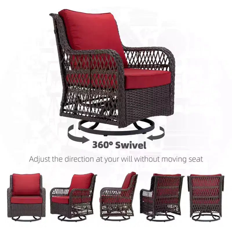 Set da bistro elegante da 3 pezzi, sedie da esterno girevoli a dondolo in vimini con cuscini premium, tavolino con piano in vetro temperato per il giardino