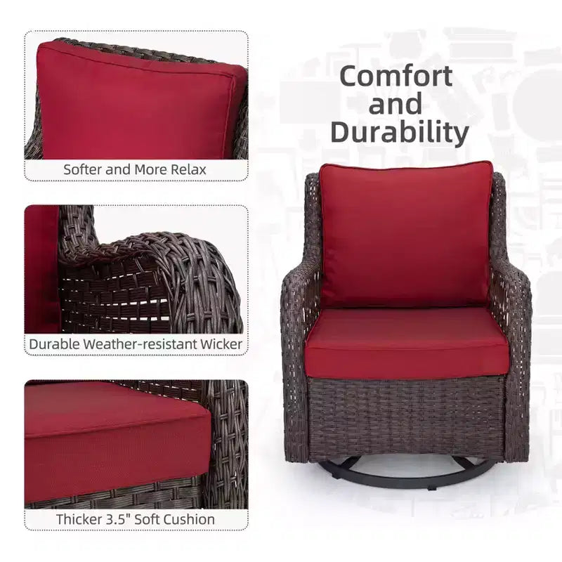 Set da bistro elegante da 3 pezzi, sedie da esterno girevoli a dondolo in vimini con cuscini premium, tavolino con piano in vetro temperato per il giardino