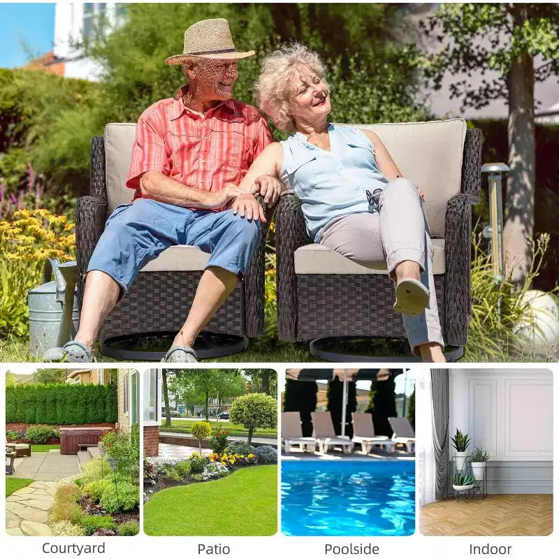 Set da bistro elegante da 3 pezzi, sedie da esterno girevoli a dondolo in vimini con cuscini premium, tavolino con piano in vetro temperato per il giardino