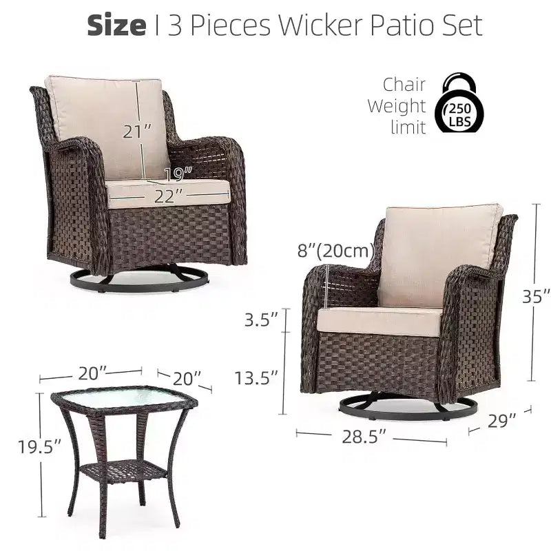 Set da bistro elegante da 3 pezzi, sedie da esterno girevoli a dondolo in vimini con cuscini premium, tavolino con piano in vetro temperato per il giardino