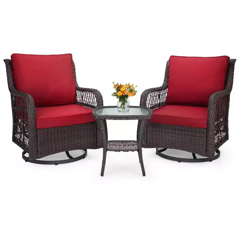 Set da bistro elegante da 3 pezzi, sedie da esterno girevoli a dondolo in vimini con cuscini premium, tavolino con piano in vetro temperato per il giardino