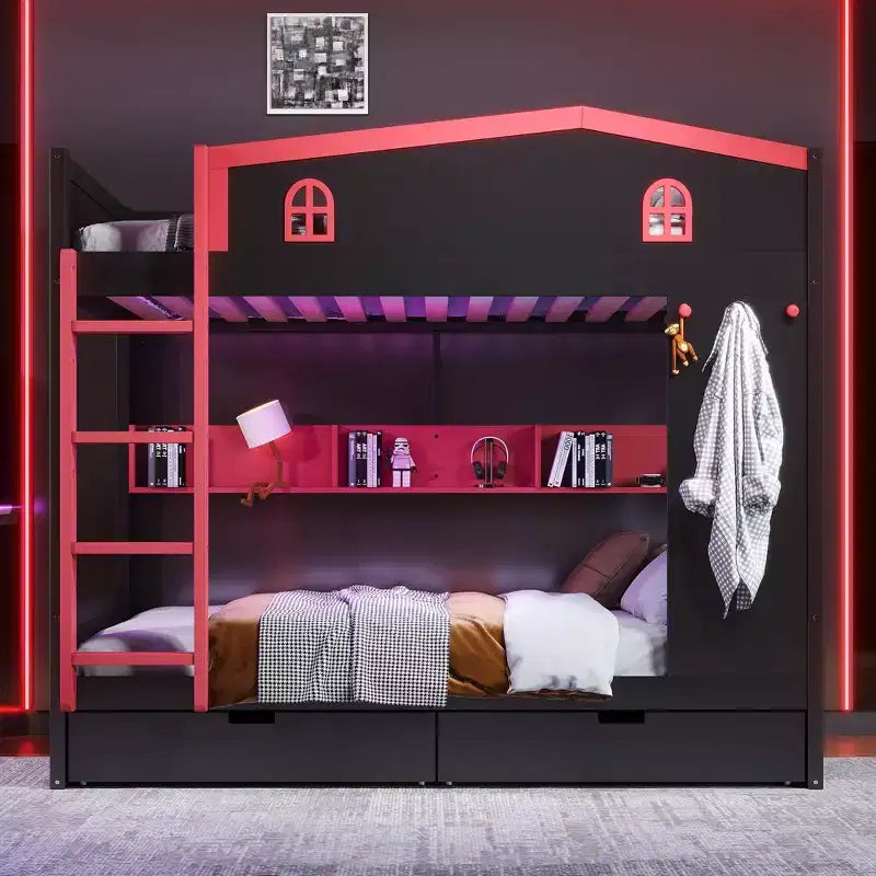 Letto a castello Queen Size con letto estraibile/cassetti e ripiani, Struttura letto a castello in legno massello, Non è necessaria la rete a molle - ModernLuxe
