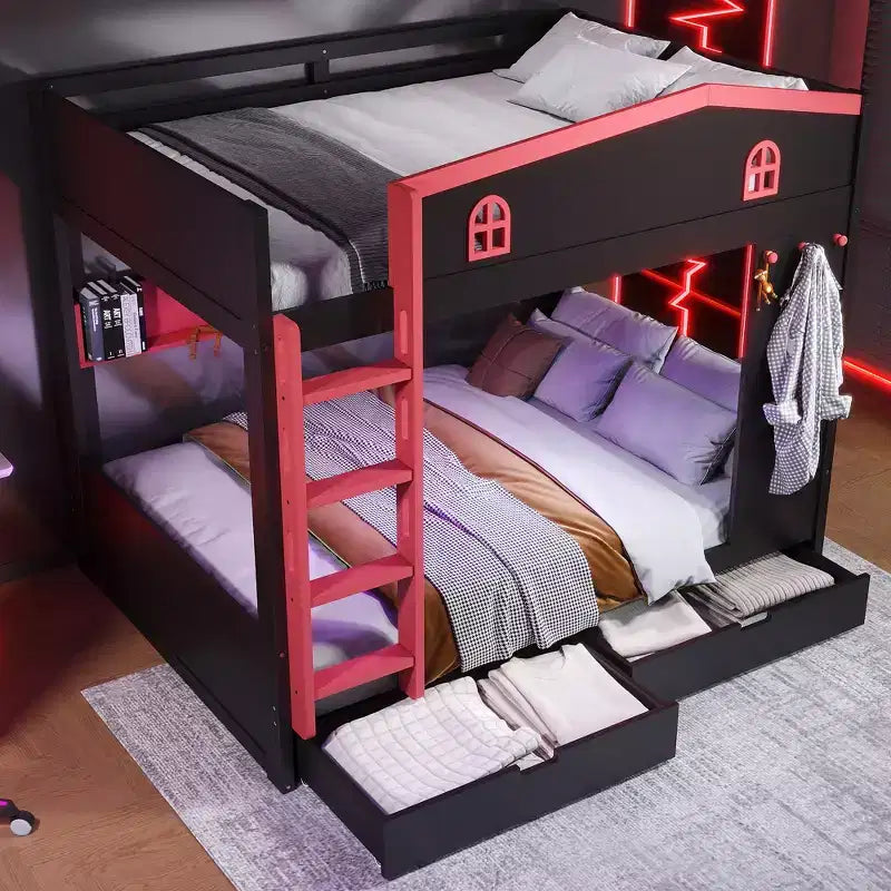 Letto a castello Queen Size con letto estraibile/cassetti e ripiani, Struttura letto a castello in legno massello, Non è necessaria la rete a molle - ModernLuxe