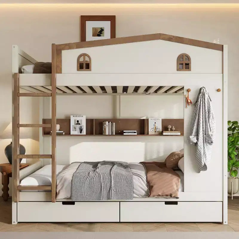 Letto a castello Queen Size con letto estraibile/cassetti e ripiani, Struttura letto a castello in legno massello, Non è necessaria la rete a molle - ModernLuxe