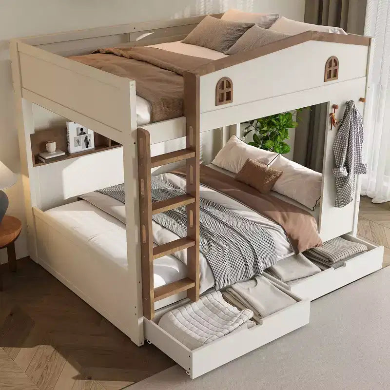 Letto a castello Queen Size con letto estraibile/cassetti e ripiani, Struttura letto a castello in legno massello, Non è necessaria la rete a molle - ModernLuxe