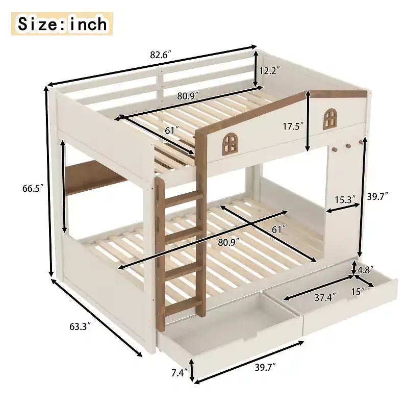 Letto a castello Queen Size con letto estraibile/cassetti e ripiani, Struttura letto a castello in legno massello, Non è necessaria la rete a molle - ModernLuxe