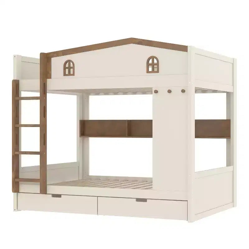 Letto a castello Queen Size con letto estraibile/cassetti e ripiani, Struttura letto a castello in legno massello, Non è necessaria la rete a molle - ModernLuxe