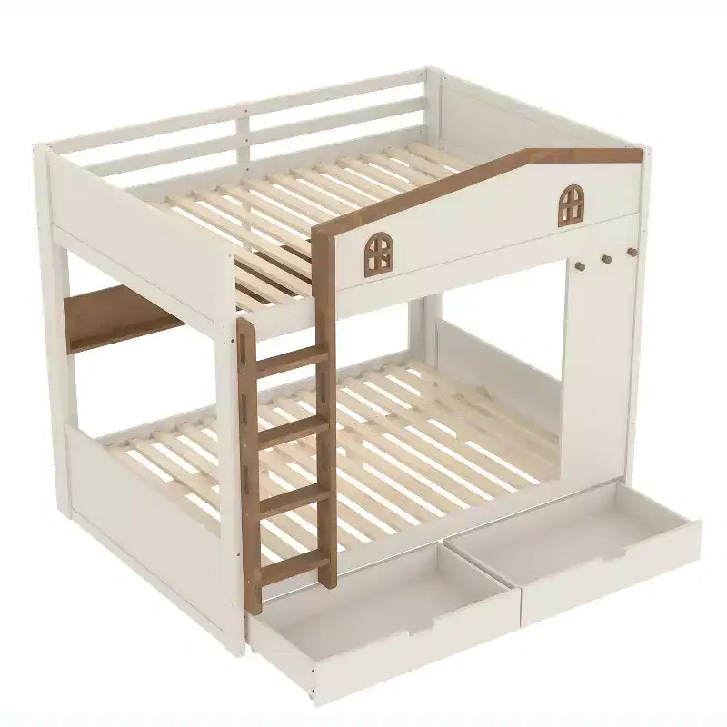 Letto a castello Queen Size con letto estraibile/cassetti e ripiani, Struttura letto a castello in legno massello, Non è necessaria la rete a molle - ModernLuxe